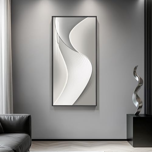 Large Framed Silver White Abstract Wall Art for Living Room