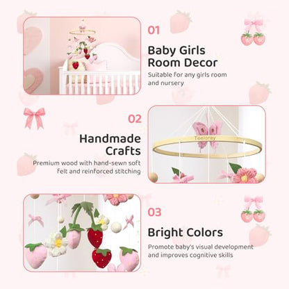 Strawberry Baby Crib Mobile for Girls Pink Bow Nursery Decor