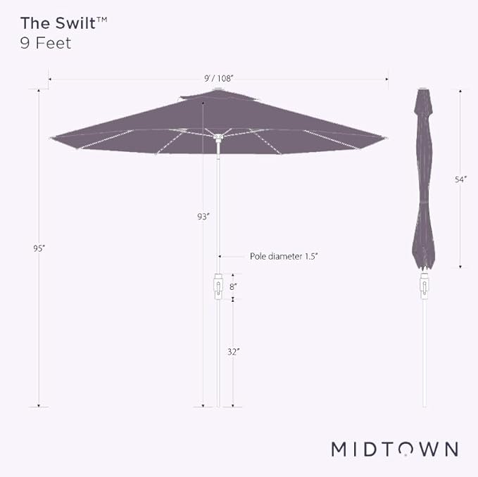 Midtown Umbrellas The Swilt 9 Feet Patio Umbrella in Sunbrella Dark Blue Acrylic Fabric - Fiberglass Ribs, Auto-Tilt Aluminum Frame For Backyard, Deck, Garden, Pool - White Pole