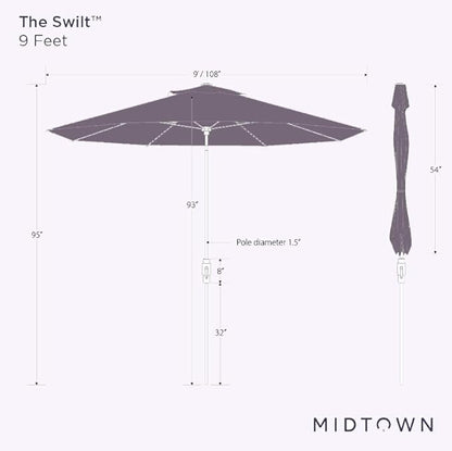 Midtown Umbrellas The Swilt 9 Feet Patio Umbrella in Sunbrella Dark Blue Acrylic Fabric - Fiberglass Ribs, Auto-Tilt Aluminum Frame For Backyard, Deck, Garden, Pool - White Pole