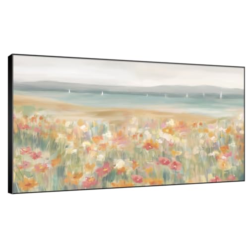 36"x60" Extra Large Framed Wall Art Coastal Flower Field with Sailing Boats Serene Landscape Illustration for Home Living Room Bedroom Decor