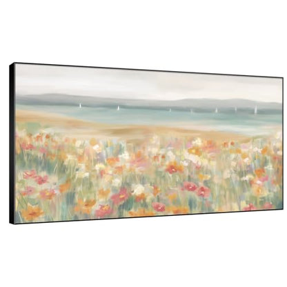 36"x60" Extra Large Framed Wall Art Coastal Flower Field with Sailing Boats Serene Landscape Illustration for Home Living Room Bedroom Decor