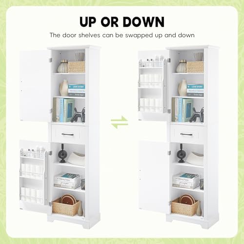 72" Tall Narrow Bathroom Storage Cabinet with 2 Doors & Drawer