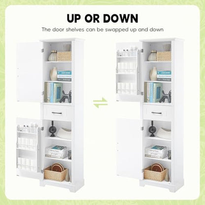 72" Tall Narrow Bathroom Storage Cabinet with 2 Doors & Drawer