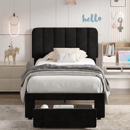 Twin Size Upholstered Bed Frame with Drawer and Headboard