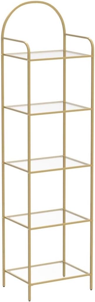 Bookcase Bookshelf, Tempered Glass Bookshelves, Slim Shelving Unit for Bedroom, Bathroom, Home Office, Steel Frame, 5 Tier Gold BC05001G