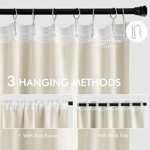 Beige White Back Tab Blackout Curtains 52x63 Inches Long 2 Panel Set