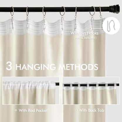 Beige White Back Tab Blackout Curtains 52x63 Inches Long 2 Panel Set