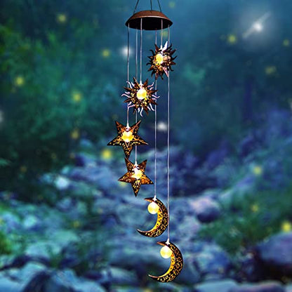 Solar Wind Chimes for Outside with Sun Moon Star Solar Hanging Lights Windchimes Outdoors Garden Decor Gifts for Mother