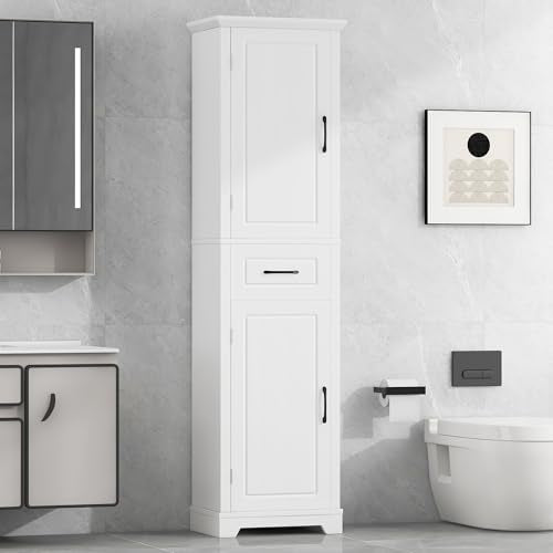 72" Tall Narrow Bathroom Storage Cabinet with 2 Doors & Drawer