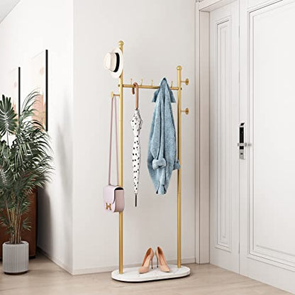 Gold Clothing Racks with Marble Base Modern Coat Racks Freestanding Gold Clothes Rack with Shelves for Bedroom Heavy Duty Garment Racks in Hallway
