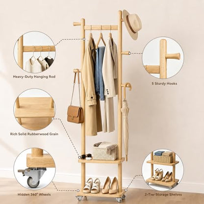 Small Clothes Rack Solid Wood Coat Rack Freestanding with Wheels
