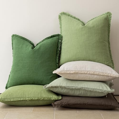 Decorative Linen Fringe Throw Pillow Covers 24×24 Lime Green (2 Count)