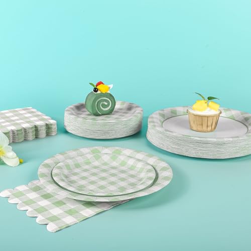 150Pcs Sage Green Gingham Party Supplies Green Gingham Paper Plates and Napkins Green Plaid Plates Disposable Greeny and White Plaid Party Decor for Birthday Family Picnic BBQ Party (150 Count)