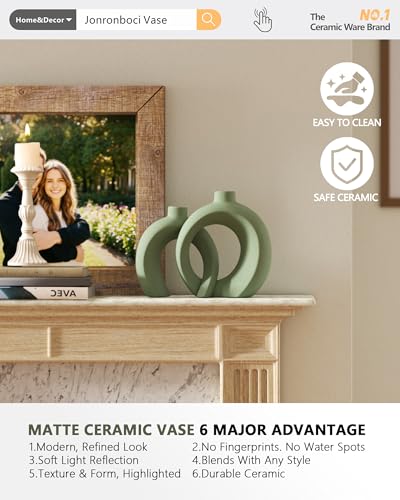 Set of 2 Sage Green Ceramic Vases for Home Decor Accents