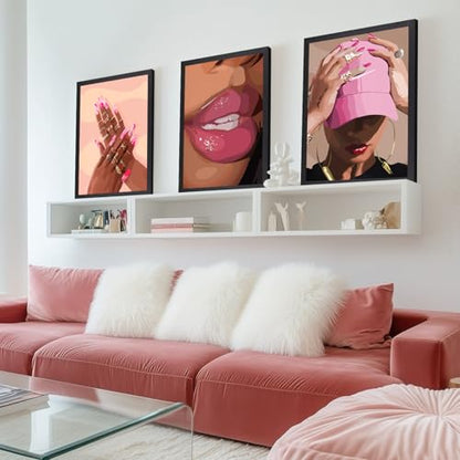 Wood Framed Fashion Pink Black Girl Wall Art Set of 3 (3 Count)