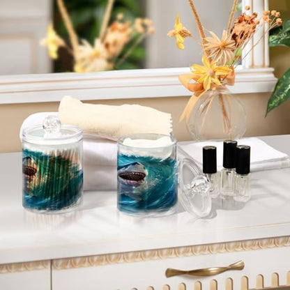 2 Pack Qtip Holder Organizer Dispenser Jumping Shark Blue Ocean Wave Bathroom Storage Canister Cotton Ball Holder Container for Cotton Pads (2 Count)