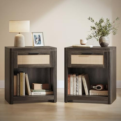 Set of 2 Boho Nightstands with Rattan (2 Count)