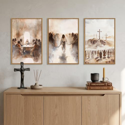 Large Jesus Neutral Framed Canvas Wall Art Set