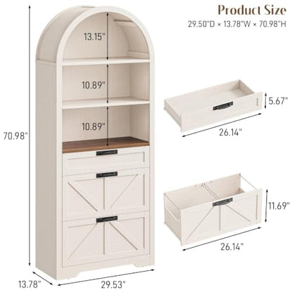 71" Tall Arched Bookcase with File Cabinet Drawers