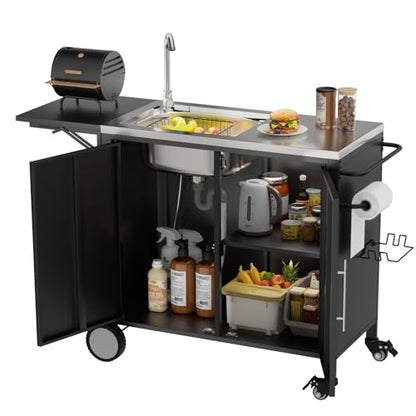 Outdoor Grill Table with Sink & Foldable Worktop