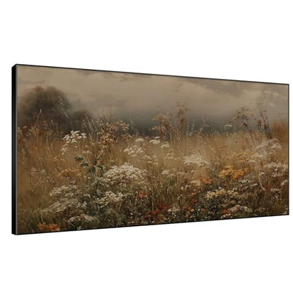 24"x46" Extra Large Framed Wall Art Autumn Meadow Landscape Rustic Brown and Golden Field with Wildflowers Country Illustration for Home Living Room Bedroom Decor