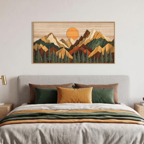Boho Woodcut Style Mountain Framed Canvas Wall Art Set