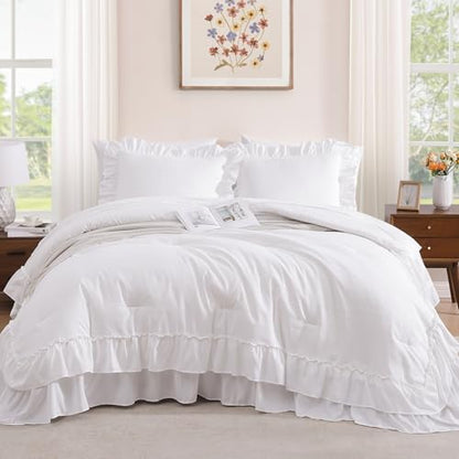 King Size Comforter Set White Ruffle 7 Pieces Farmhouse Bed in a Bag