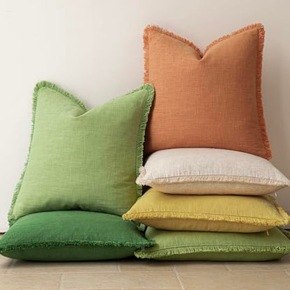 Decorative Linen Fringe Throw Pillow Covers 18×18 Ginger Yellow (2 Count)