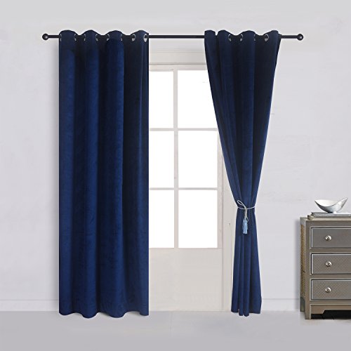 Set of 2 Velvet Flannel Room Darkening Blackout Curtains Panels Drapes Grommet 52 Wide by 108 Long Navy Royal Blue for Living Room (2 Count)