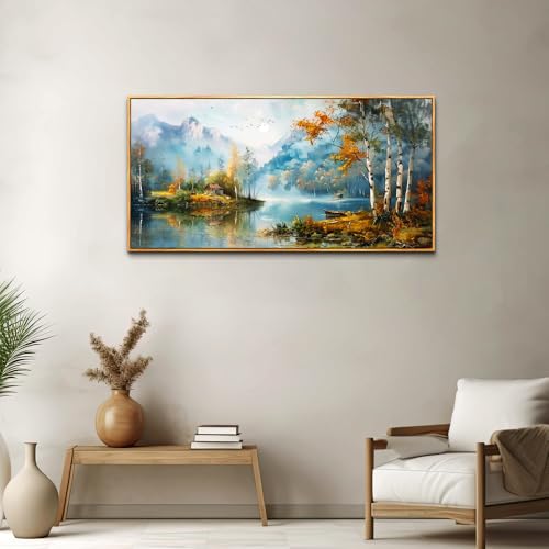 Large Wood Framed Wall Decor For Living Room Canvas Wall Art For Office Modern Wall Decorations For Bedroom Lake View Painting Tree Forest Pictures Artwork Room Home Decor 24x48 In