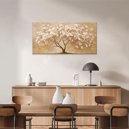 Canvas Wall Art Decor Beige Magnolia Tree of Life Canvas Art Wall Decor For Living Room Modern Tree Nature Botanical Canvas Prints White Flower Wall Art Decor For Bedroom Home Office Decor 20"×40"