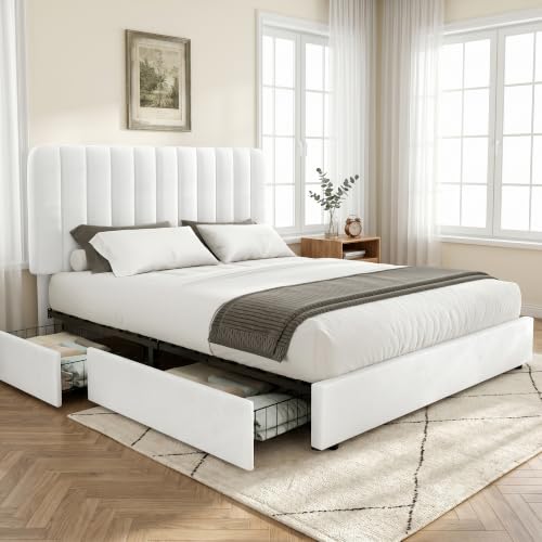 Queen Size Upholstered Bed Frame with 4 Drawers and Headboard