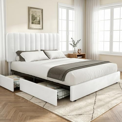 Queen Size Upholstered Bed Frame with 4 Drawers and Headboard