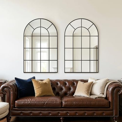 Arched Windowpane Wall Mirror 24"x36" Black Wall Mounted Art Pane Mirror Farmhouse Decorative Mirror Leaning Hanging Wall Mirror for Bedroom Living Room Entrance Hallway Wall Decor