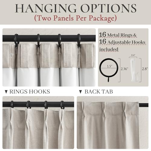 Natural Linen Pinch Pleated Blackout Curtains & Drapes 98 Inch Long Bedroom (2 Count)