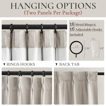 Natural Linen Pinch Pleated Blackout Curtains & Drapes 98 Inch Long Bedroom (2 Count)