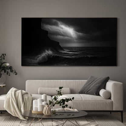 36"x72" Extra Large Framed Wall Art Dramatic Black and White Ocean Waves with Cliff and Stormy Sky for Home Living Room Bedroom Decor