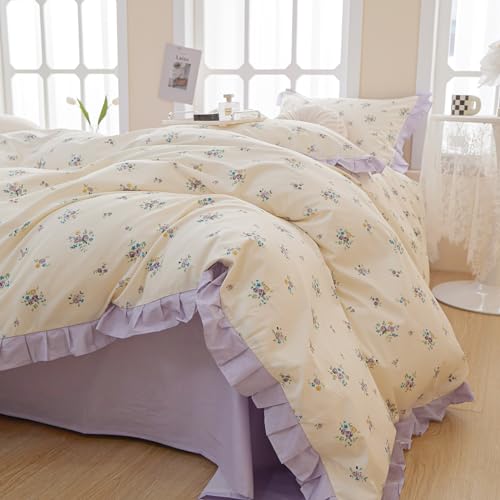 Ruffle Comforter Set Queen Vintage Purple Floral Bedding Comforter 3 Pieces Coquette Bedding Flowers Cottagecore Comforter Set with 2 Pillowcases Fluffy Soft Aesthetic Flower Bedding Set with Lace