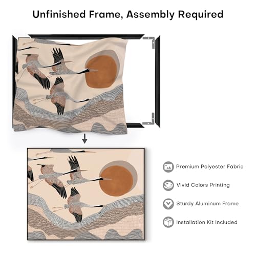 60"x72" Extra Large Framed Wall Art Flying Cranes Over Sunlit Hills Illustration for Home Living Room Bedroom Decor