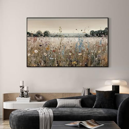 36"x60" Extra Large Framed Wall Art Wildflower Meadow Landscape Soft Pastel Field Illustration for Home Living Room Bedroom Decor