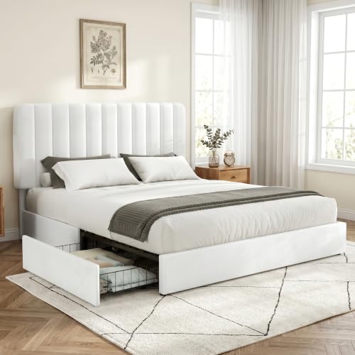 Queen Size Upholstered Bed Frame with 4 Drawers and Headboard
