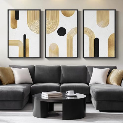 Large Framed Gold Abstract Geometric Wall Art for LIving Room (3 Count)