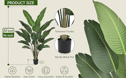 Artificial Bird of Paradise Tree 8FT 17 Thick Matte Texture Leaves Tall Large Fake Faux Tropical Traveler's Palm Banana Leaf Plant 96 Inch Black Pot for Indoor Home Office Poolside Decor