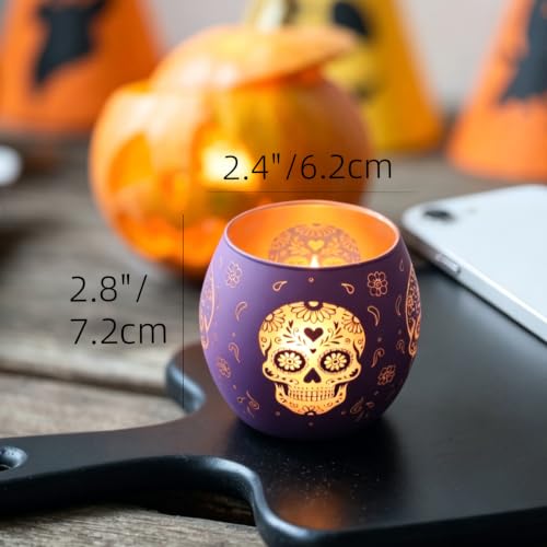 Day of Dead Skull Glass Votive Candle Holders for Indoor Halloween Decor (4 Count)