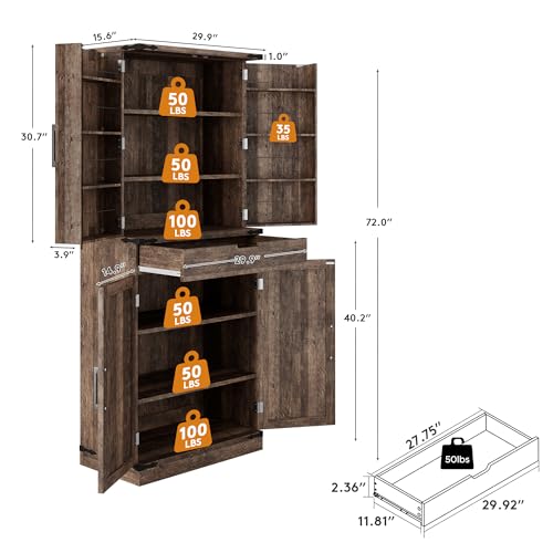 72" Kitchen Pantry Storage Cabinet with Doors and Shelves
