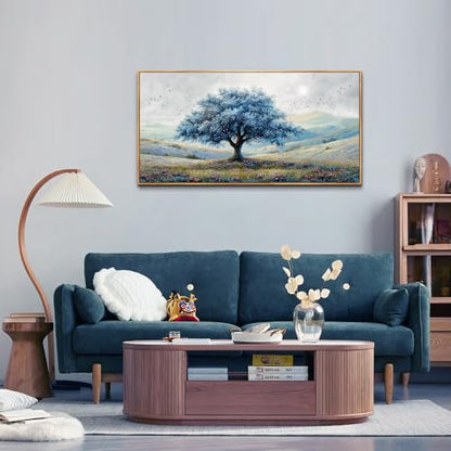 Large Wood Framed Wall Decor For Living Room Canvas Wall Art For Office Modern Wall Decorations For Bedroom Blue Tree Landscape Painting Farmhouse Pictures Artwork Home Decor 24x48 In
