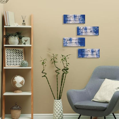 4 Pieces Blue Bathroom Decor Bible Verses Wooden Wall Decor Abstract Office Christian Religious Art for Women Office Home Bedroom Living Room Decoration (4 Count)