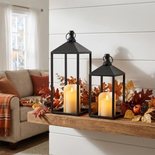2 Pcs Black Decorative Metal Lanterns Farmhouse Lantern Decor with Candles (70 Count)