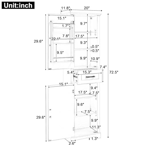 72" Tall Narrow Bathroom Storage Cabinet with 2 Doors & Drawer